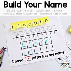 a printable worksheet with the words build your name on it and some crayons next to it