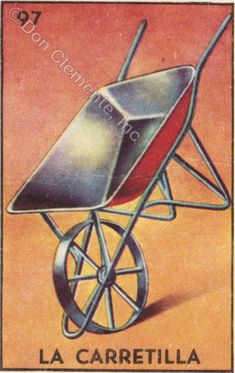 a postage stamp with a wheelbarrow on the front and side, in spanish