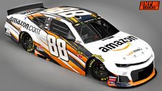 a white and orange race car with an amazon logo on it's front side