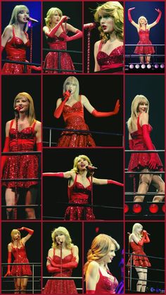 many pictures of the same woman in red dresses on stage with microphones and hands behind her head