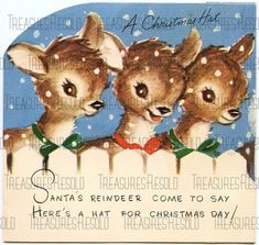 an old christmas card with three little deers