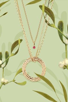 18 carat gold vermeil necklaces featuring a ruby pendant charm and a circle made from alternating textures. Ruby Pendant, Double Chain, Circle Necklace, A Circle