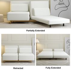 three different views of a white couch with the caption'partially extended'and then fully extended