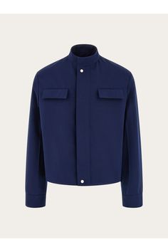 Shop the Cropped blouson Navy blue on Ferragamo.com. Discover the iconic collection on our official online shop now. Free Delivery. Ferragamo Men, Navy Man, Navy Jacket, Mens Navy, Mens Outerwear, Mandarin Collar, Recycled Cotton, Salvatore Ferragamo, Snap Button