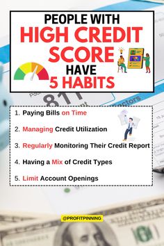 people with high credit score have 5 habitts info graphic on top of money and calculator