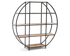 an iron and wood shelf with shelves in the shape of a circular object, on a white background