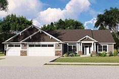 this is an artist's rendering of the front elevation of these ranch house plans