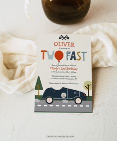 a birthday party card with a car on it