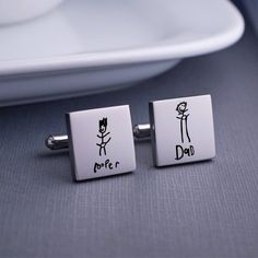 Stainless steel cuff links measuring 5/8 inch each are engraved with the handwriting of your choice. Choose circle or square. These are meant to be engraved with YOUR actual handwriting! If you dont want to use your actual handwriting, just choose the option to use the handwriting font Father's Day Cufflinks With Gift Box, Father's Day Wedding Gift Cufflinks With Engraving Option, Engraved Cufflinks For Wedding Gift On Father's Day, Engravable Cufflinks For Wedding Gift On Father's Day, Personalized Cufflinks For Wedding And Father's Day, Customizable Cufflinks For Father's Day Gift, Customizable Cufflinks As A Father's Day Gift, Wedding Cufflinks With Gift Box For Father's Day, Silver Cufflinks With Gift Box For Father's Day