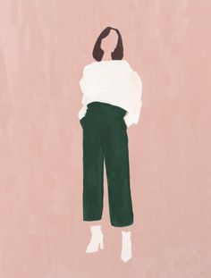 a painting of a woman in green pants and a white shirt with her hair pulled back