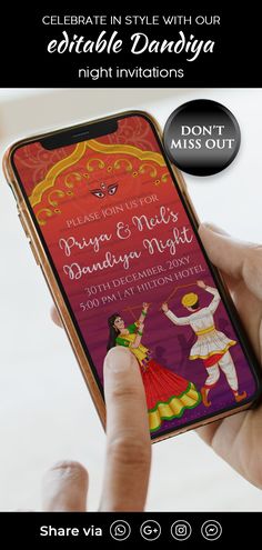 someone is holding up their phone to take a photo with the text, celebrate in style with our edible dandiya night invitations