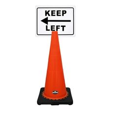 an orange traffic cone sitting next to a keep left sign