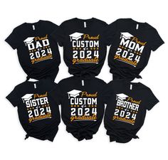 Custom Proud Graduate Family Shirt, Graduation Matching Family Shirt, Graduation 2024 Shirt, Class of 2024 Shirt, Graduation Party * Processing time is 1 business day (there may be exceptions during holiday seasons). Delivery time is based on your shipping type selection and location. Please check the estimated delivery times at checkout and upgrade the shipping at checkout if you need it sooner. * All items are made-to-order. Because of the nature of these items, unless they arrive damaged or d Custom Print Cotton Tops For Graduation, Short Sleeve Shirt With Text Print For Graduation, Black Letter Print Shirt For Graduation, Black Shirt With Letter Print For Graduation, Black Crew Neck Top For Graduation, Customizable Black T-shirt For Graduation, Customizable Casual Tops For Graduation, Matching Family Shirt, Graduation 2024