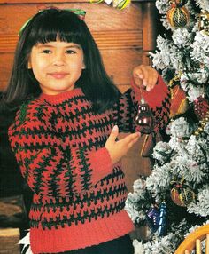 Description: This rugged sweater is shown in Christmas green & red, but be creative! Choose any two colors that your child likes- even their school colros!! Yarn/thread & hook required: Red Heart Luster Sheen, size C hook. Finished size: Children's 2, 4, 6, or 8.  Skill level: Beginner. Pattern for sale, not finished product. Pattern was removed from a previously owned book or magazine & is the original pattern (NOT a copy).  ______________________________________________________________________ Crochet Pattern Instructions, Kids Clothes Patterns, Crochet Kids, Kids Crochet, Crochet Vintage, Crochet World, Crochet Lovers, Sweater Crochet Pattern, Crochet For Kids