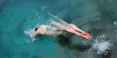 an aerial view of a man swimming in the ocean with his feet submerged in water