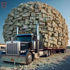 a large semi truck with stacks of money on the back