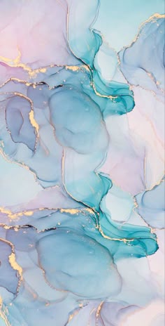 an abstract painting with blue and pink colors on it's surface, as well as gold foil