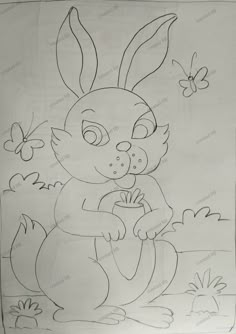 a drawing of a bunny holding a flower