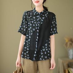 Details: Gender: Women Item Type: Blouse Material: Linen Pattern Type: Patchwork Season: Summer Style: Leisure, Daily, Retro Occasion: Going Out, Daily Size: One Size Length: 60.00 - 66.00 cm/ 23.62 - 25.98 " Bust: 110.00 cm/ 43.31 " Patchwork Cotton Blouse For Work, Patchwork Cotton Blouse For Workwear, Cotton Patchwork Blouse For Work, Patchwork Short Sleeve Blouse For Work, Black Collared Patchwork Blouse, Casual Cotton Blouse With Floral Patchwork, Black Patchwork Collared Blouse, Black Collared Blouse With Patchwork, Patchwork Shirt For Workwear