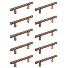 six pairs of bronze cabinet pulls on a white background