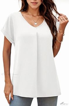 Elluis - Classic Loose-Fit Short Sleeve Blouse featuring a Stylish Casual Neckline Casual Blouse, Short Sleeve Blouse, Workout Shorts, Medium Length, Sleeve Blouse, Loose Fitting, Casual Outfits, Short Sleeves, Solid Color