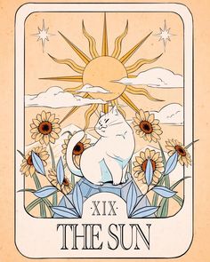 a white cat sitting on top of a sunflower field with the words xix the sun above it