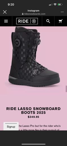 a pair of black snow boots sitting on top of a pink and white background with the words ride