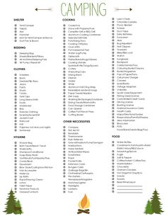 the camping checklist is shown with trees and campfires in green, white and red