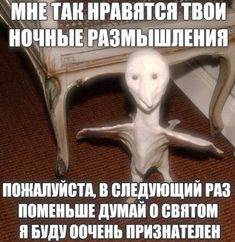 a white bird sitting on top of a wooden chair next to a table with writing in russian