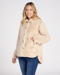 Clap back at the cold with class in this faux fur jacket! Relaxed shacket silhouette with a button-up front and two oversized pockets perfect for stashing essentials. | Faux Fur Jacket for Women by Love Token from Wantable Fall Outerwear With Soft Texture For Everyday, Trendy Outerwear With Soft Texture For Loungewear, Soft Texture Outerwear For Everyday Fall Use, Soft Texture Outerwear For Fall, Fall Relaxed Fit Outerwear With Soft Texture, Oversized Long Sleeve Faux Fur Outerwear, Oversized Faux Fur Outerwear With Long Sleeves, Oversized Fur Coat With Faux Fur Lining, Cozy Relaxed Fit Button-up Outerwear