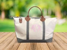 Extra Large Monogram Tote Bag - Monogram Duffle #kaileysmonogram Monogrammed Duffle Bag, Gray Trim, Leather Weekender Bag, Monogram Tote Bags, College Gifts, Monogram Tote, Duffel Bags, School Graduation, Monogram Gifts