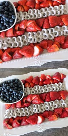 two trays filled with strawberries and blueberries in the shape of an american flag