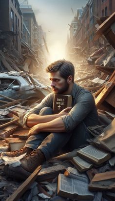 a man sitting on the ground holding a book in his hands and surrounded by rubble