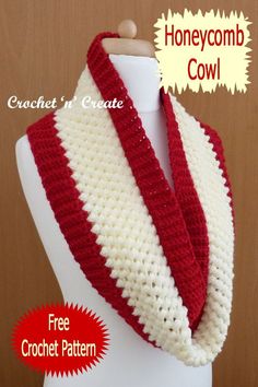 a red and white crochet cowl with the words honeycomb cowl on it