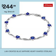 Heart to heart, this sterling silver bracelet flaunts lab-created blue sapphires and diamond accents for eye-catching twinkle that's full of romance.Metal: Rhodium-plated sterling silverStones: 5mm heart-shaped lab-created blue sapphiresOther Stones: Diamond accentsClosure: Lobster claspLength: 7½"Care: Wipe CleanCountry of Origin: Imported Some diamonds may consist of fewer than 17 facets.Gemstones may be treated and may require special care.Jewelry photos are enlarged to show detail. Disclaim… Sapphire Jewelry For Valentine's Day Formal, Sapphire Fine Jewelry For Valentine's Day, Sapphire Bracelet For Anniversary, Elegant Blue Bracelets For Valentine's Day, Valentine's Day Sapphire Birthstone Jewelry, Sapphire Cubic Zirconia Jewelry For Valentine's Day, Heart Cut Lab-created Sapphire Gemstone Jewelry, Valentine's Day Sapphire Cubic Zirconia Jewelry, Elegant Blue Jewelry For Valentine's Day