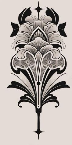 an art nouveau tattoo design with flowers and leaves on the back of its head, in black