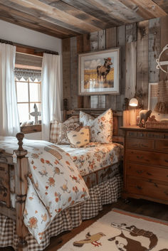 a bed room with a neatly made bed next to a wooden dresser and window sill