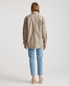 Part shirt, part jacket, 100% top grain leather. This oversized, relaxed-fitting shacket is your perfect go-to style as the temperature starts to drop. With dropped shoulders, adjustable button closure cuffs, and a rounded hem, this jacket is made for layering and goes with just about everything. Buttery-soft and incredibly stylish, you'll be happy wearing it again and again. Read more about what makes our leather special in our Leather 101 guide.  | Quince | Women's Shirt Jacket in Mushroom, Si Leather Shirt Jacket, Leather Shirt, Top Grain Leather, Quince, Women's Shirt, Shirt Jacket, Layering, Grain, Womens Shirts