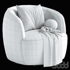 a white chair with two pillows and a blanket on it's back, in front of a black background