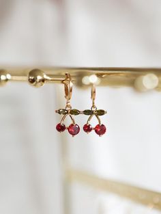 Cherry Necklace, Dainty Hoop Earrings, Cherry Earrings, Girlfriend Birthday, Earring Gold, Matching Jewelry, Valentine's Gift, Precious Jewelry, Jewelry Earrings Hoops