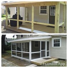 before and after pictures of a screened porch