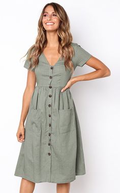 Tan Slides, Midi Skater Dress, Mid Calf Dresses, Light Blue Dresses, Weekend Brunch, Midi Dress Casual, Midi Short Sleeve Dress, Formal Dresses For Women, Mid Dresses