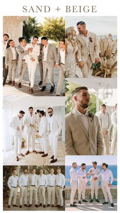 a collage of men in white suits and tuxedos with the caption sand + beige