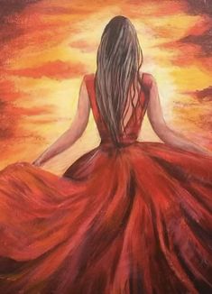 a painting of a woman in a red dress with her back turned to the camera