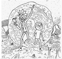 the rick and mort cartoon is shown in this black and white coloring book page, which features an image of rick and mort