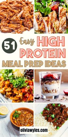 the top five high protein meal preps are shown in this collage with text overlay