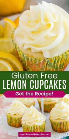 lemon cupcakes on a plate with the title text overlay reads gluten free lemon cupcakes get the recipe