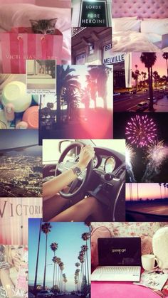 a collage of photos with palm trees, pink and blue colors in the background