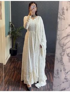 White georgette heavy thread sequence worked anarkali suit White Dress Indian Anarkali, Heavy Indian Suits, Off White Anarkali Suits, Floor Touch Gown, White Anarkali Dress, White Anarkali Suits, Off White Anarkali, Party Wear Anarkali