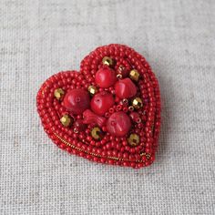 Coral and Beaded Heart Brooch Embroidered Pin With Red Stones - Etsy Ukraine Heart-shaped Colorful Beads For Gifts, Heart-shaped Beads For Valentine's Day Gift, Handmade Beads As Valentine's Day Gift, Handmade Beads For Valentine's Day Gift, Red Beaded Jewelry For Gift Making, Unique Heart-shaped Jewelry Brooch, Valentine's Day Anniversary Beaded Jewelry, Valentine's Day Heart Beads Jewelry For Crafting, Heart-shaped Beaded Jewelry For Gifts